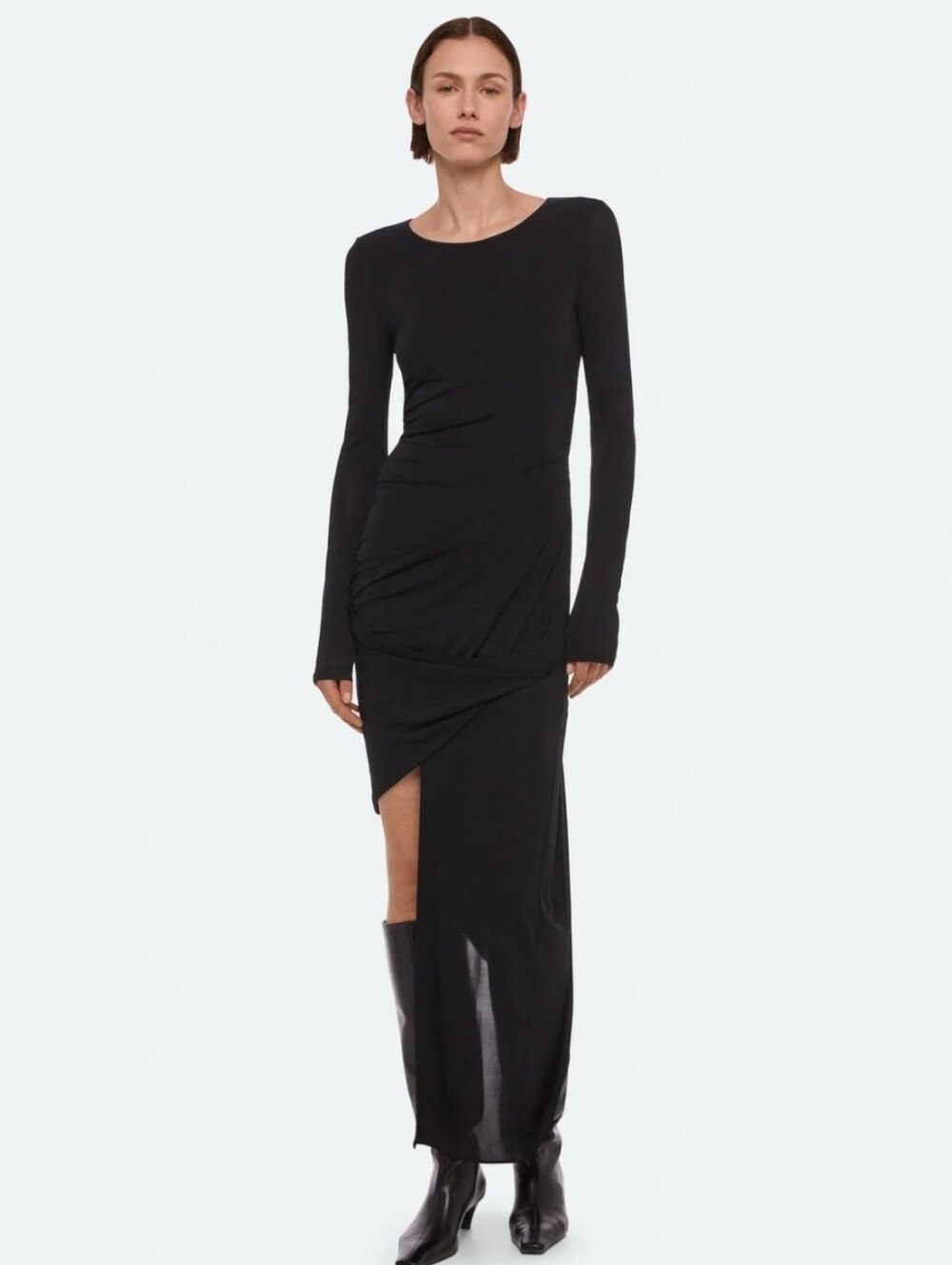 HELMUT LANG Draped Long Sleeve Grey Y2K Asymmetric Maxi Dress Open Back Wedding